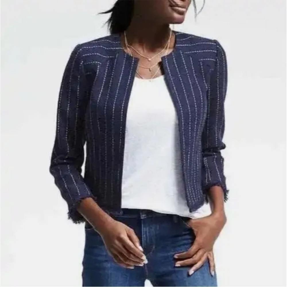 nwt // banana republic collarless stripe blazer with fringe